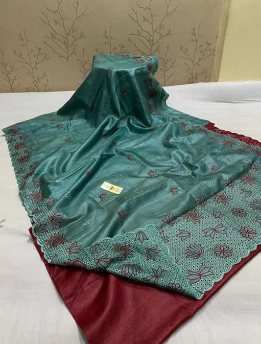 Pure Tussar Silk Saree With Beautiful Cutwork Saee BTS34