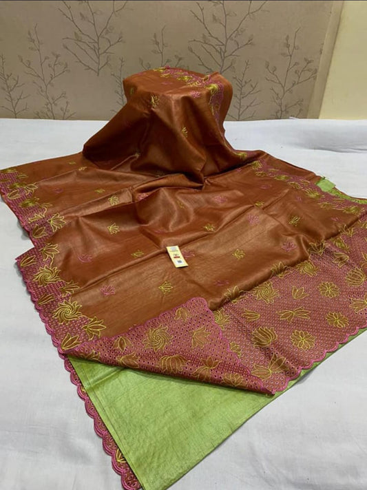 Pure Tussar Silk Saree With Beautiful Cutwork Saee BTS35