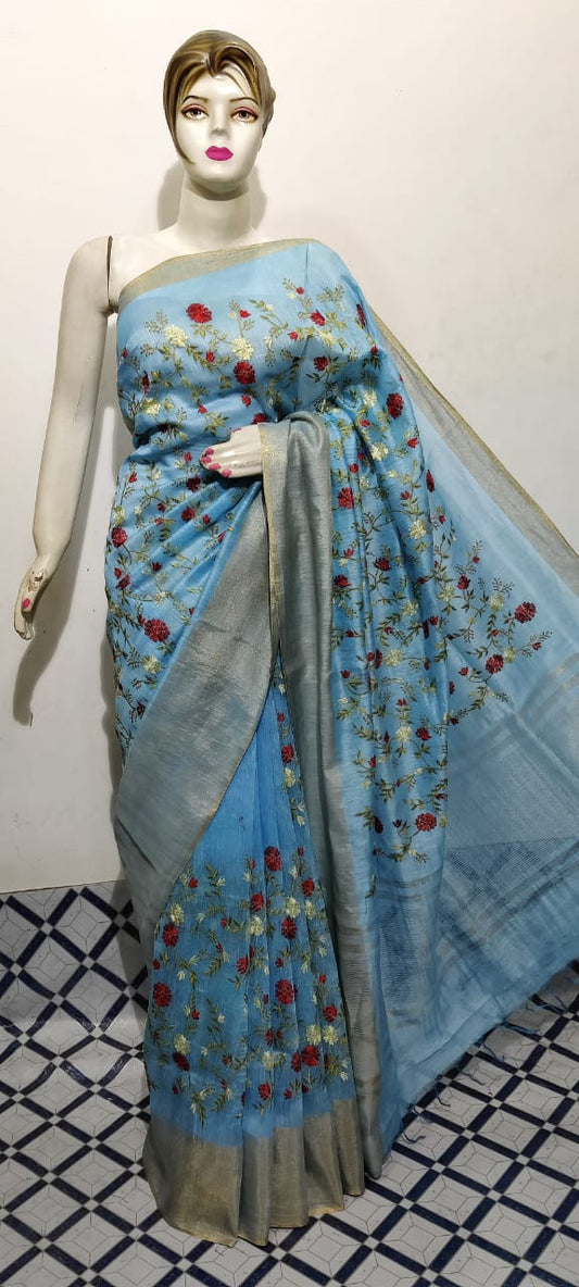 Pure Silk Linen Saree With Beautiful Embroidery Work Saree SLS03