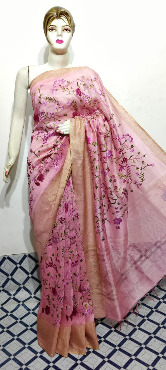 Pure Silk Linen Saree With Beautiful Embroidery Work Saree SLS02