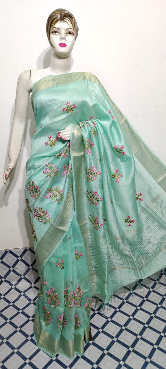 Pure Silk Linen Saree With Beautiful Embroidery Work Saree SLS05