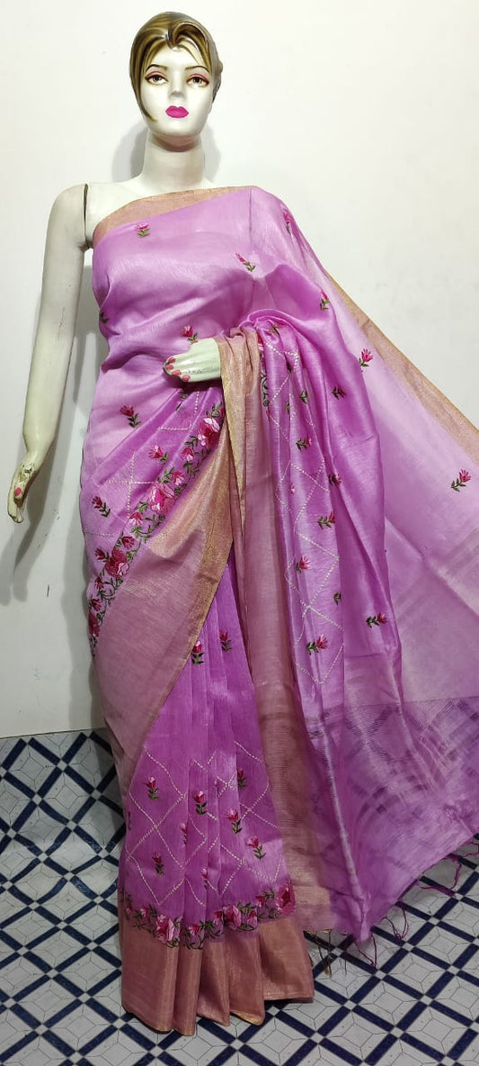 Pure Silk Linen Saree With Beautiful Embroidery Work Saree SLS06