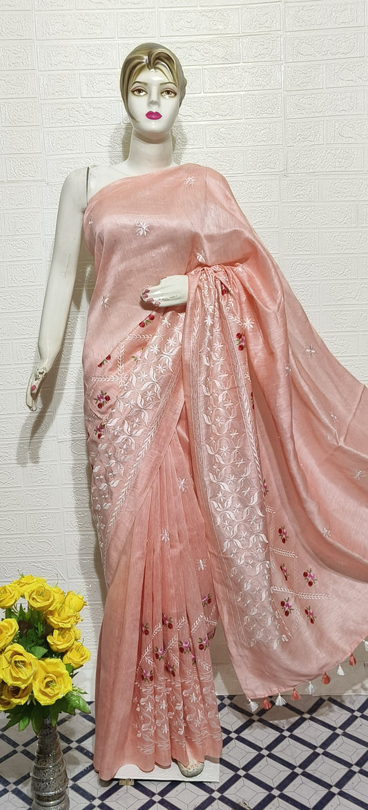 Pure Silk Linen Saree With Beautiful Embroidery Work Saree SLS35