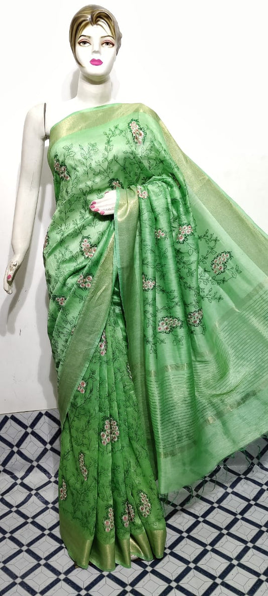 Pure Silk Linen Saree With Beautiful Embroidery Work Saree SLS39