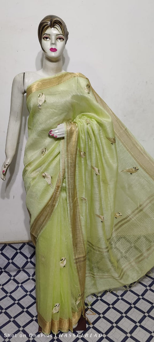 Pure Silk Linen Saree With Beautiful Embroidery Work Saree SLS40