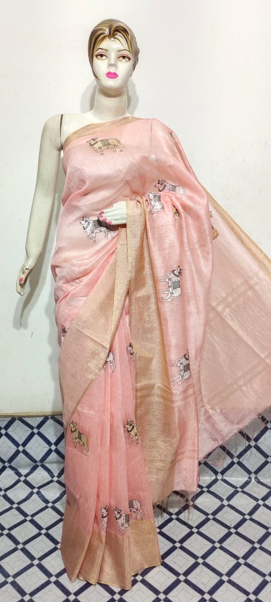 Pure Silk Linen Saree With Beautiful Embroidery Work Saree SLS41