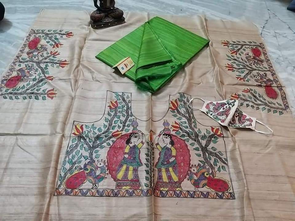 Pure Tussar Ghicha Silk Saree With Beautiful Hand Madhubani Printed Blouse GMB01