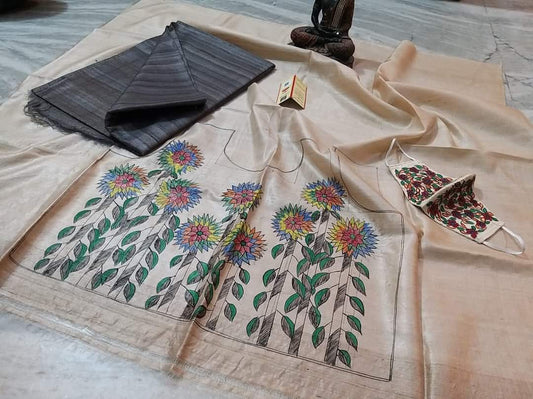 Pure Tussar Ghicha Silk Saree With Beautiful Hand Madhubani Printed Blouse GMB02