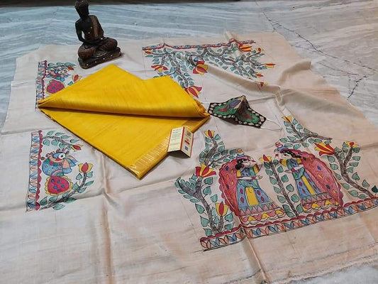 Pure Tussar Ghicha Silk Saree With Beautiful Hand Madhubani Printed Blouse GMB04