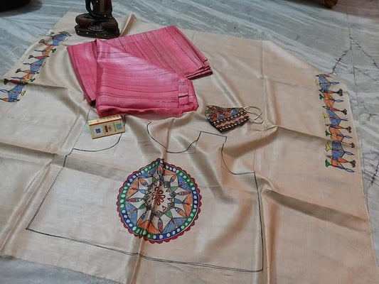 Pure Tussar Ghicha Silk Saree With Beautiful Hand Madhubani Printed Blouse GMB05