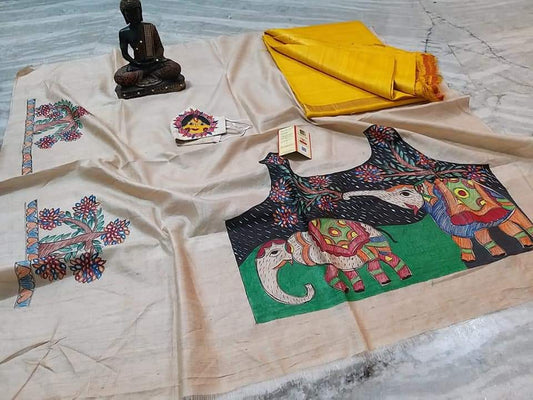 Pure Tussar Ghicha Silk Saree With Beautiful Hand Madhubani Printed Blouse GMB06