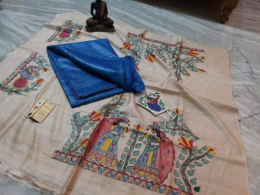 Pure Tussar Ghicha Silk Saree With Beautiful Hand Madhubani Printed Blouse GMB07