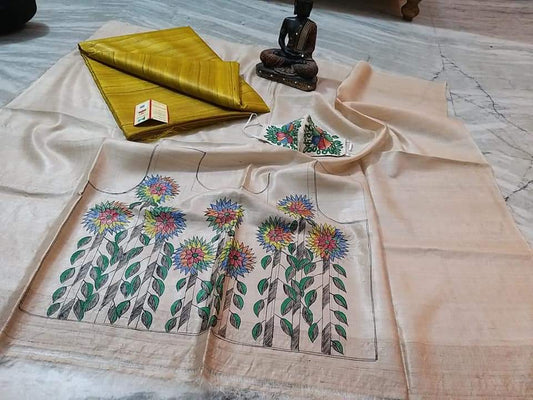 Pure Tussar Ghicha Silk Saree With Beautiful Hand Madhubani Printed Blouse GMB08