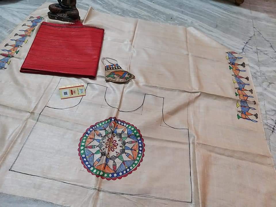 Pure Tussar Ghicha Silk Saree With Beautiful Hand Madhubani Printed Blouse GMB09