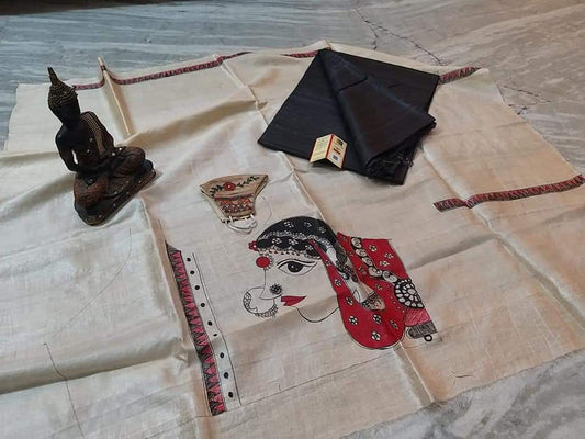 Pure Tussar Ghicha Silk Saree With Beautiful Hand Madhubani Printed Blouse GMB12