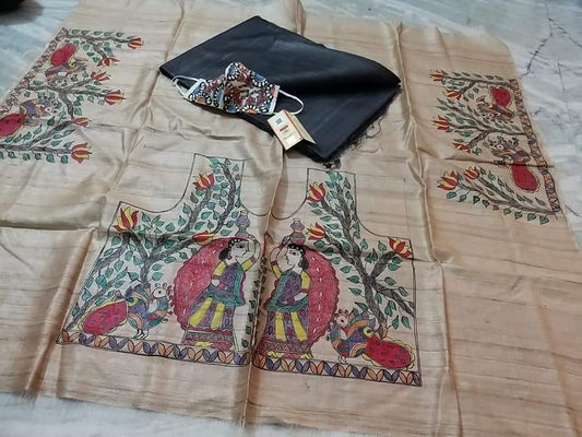 Pure Tussar Ghicha Silk Saree With Beautiful Hand Madhubani Printed Blouse GMB13