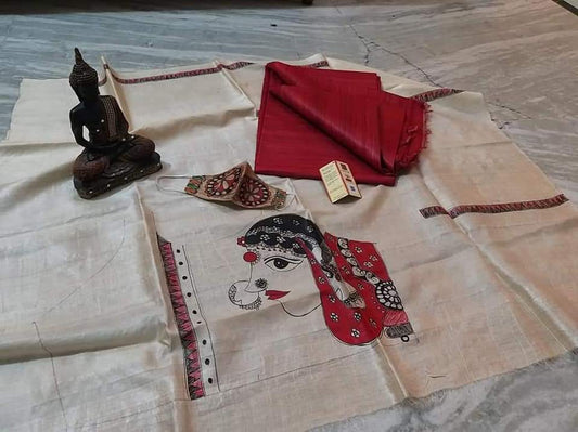 Pure Tussar Ghicha Silk Saree With Beautiful Hand Madhubani Printed Blouse GMB15