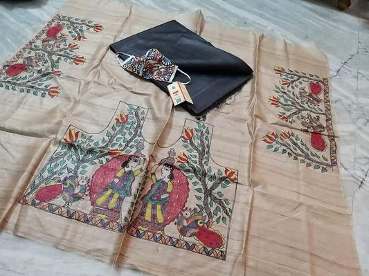Pure Tussar Ghicha Silk Saree With Beautiful Hand Madhubani Printed Blouse GMB16