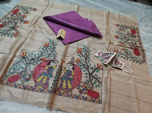 Pure Tussar Ghicha Silk Saree With Beautiful Hand Madhubani Printed Blouse GMB18