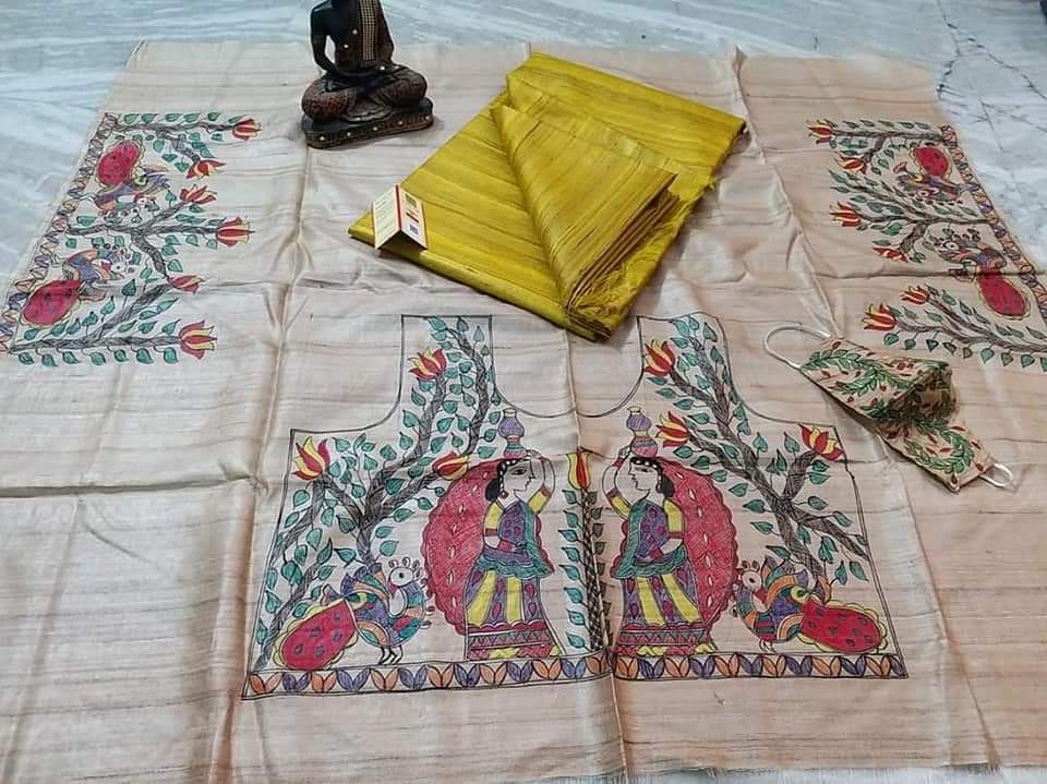 Pure Tussar Ghicha Silk Saree With Beautiful Hand Madhubani Printed Blouse GMB19