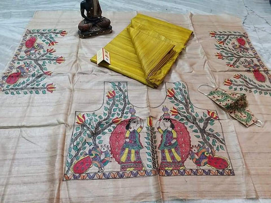 Pure Tussar Ghicha Silk Saree With Beautiful Hand Madhubani Printed Blouse GMB19