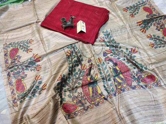 Pure Tussar Ghicha Silk Saree With Beautiful Hand Madhubani Printed Blouse GMB20