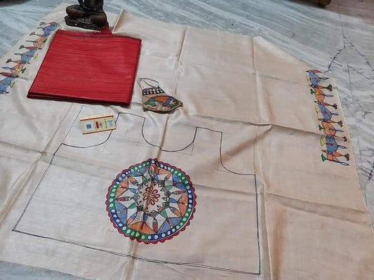 Pure Tussar Ghicha Silk Saree With Beautiful Hand Madhubani Printed Blouse GMB21