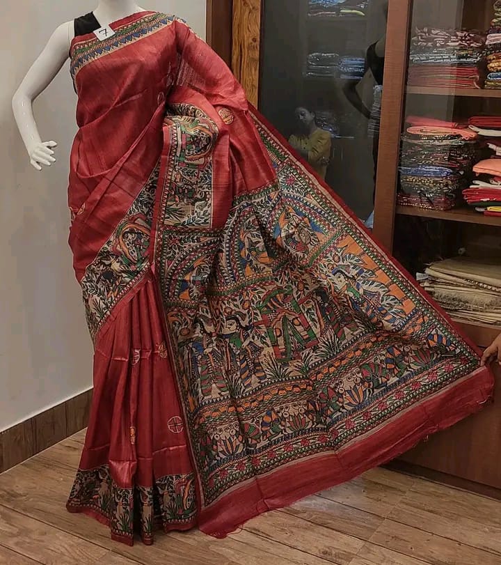 Pure Tussar Ghicha Silk Saree With Beautiful Madhubani Hand Printed Saree MHP13