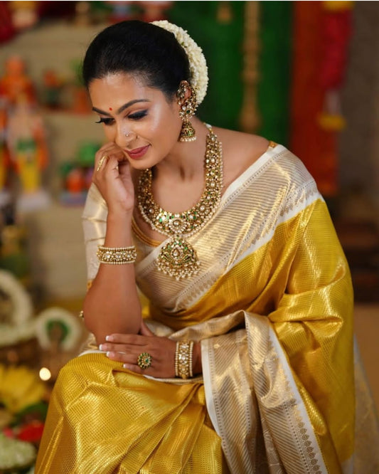 Golden Kanjeevaram Tissue Silk Resham Embossed Floral Banarasi Saree GK03