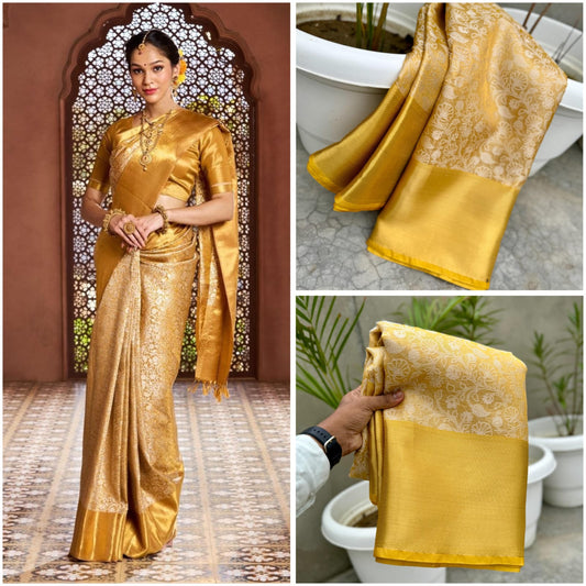 Golden Kanjeevaram Tissue Silk Resham Embossed Floral Banarasi Saree GK01