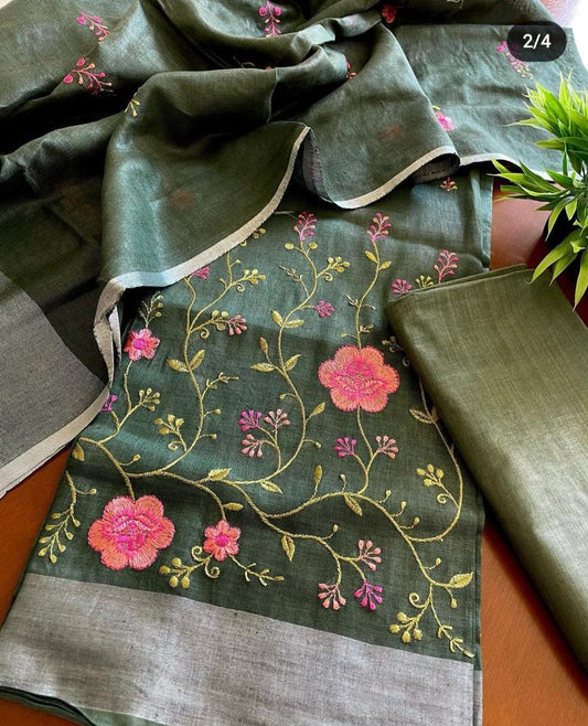 Heavy Embroidered Linen Salwar Suit Unstitched Dress Material DM14