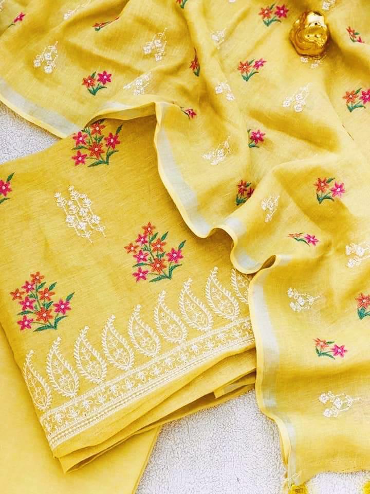 Heavy Embroidered Linen Salwar Suit Unstitched Dress Material DM33