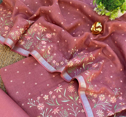Heavy Embroidered Linen Salwar Suit Unstitched Dress Material DM42