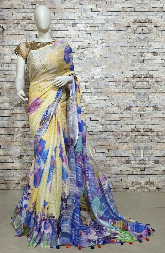 Digital Printed Linen Saree DPL31