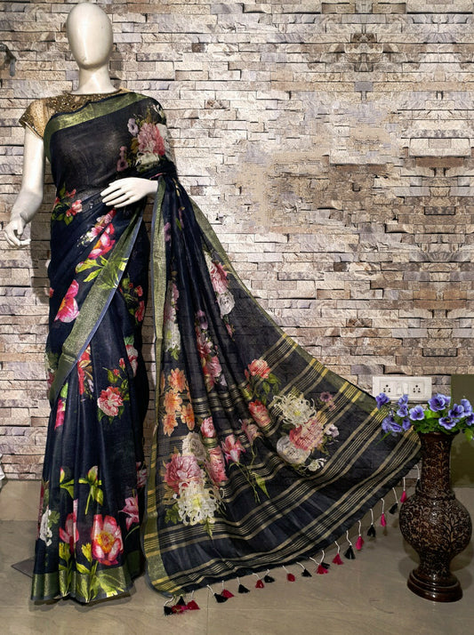 Digital Printed Linen Saree DPL44