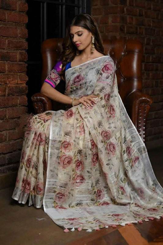 Digital Printed Linen Saree DPL60
