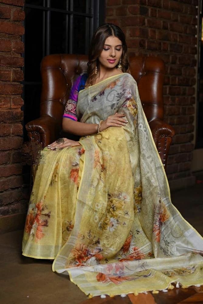 Digital Printed Linen Saree DPL63