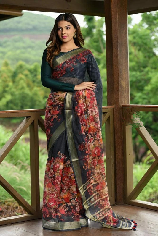 Digital Printed Linen Saree DPL64