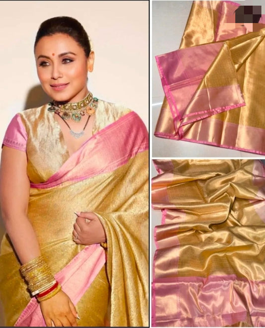 Golden Kanjeevaram Tissue Silk Resham Embossed Floral Banarasi Saree GK02