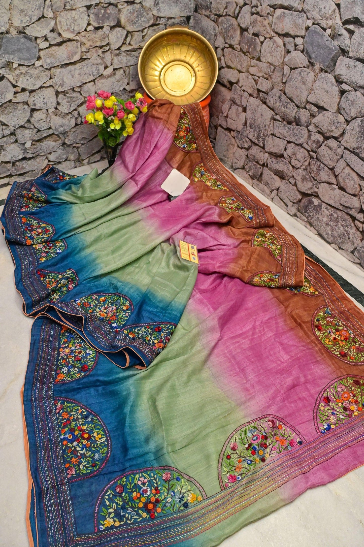 Handloom Pure Tussar Silk Saree with French Knot Embroidery Work Saree PTK05