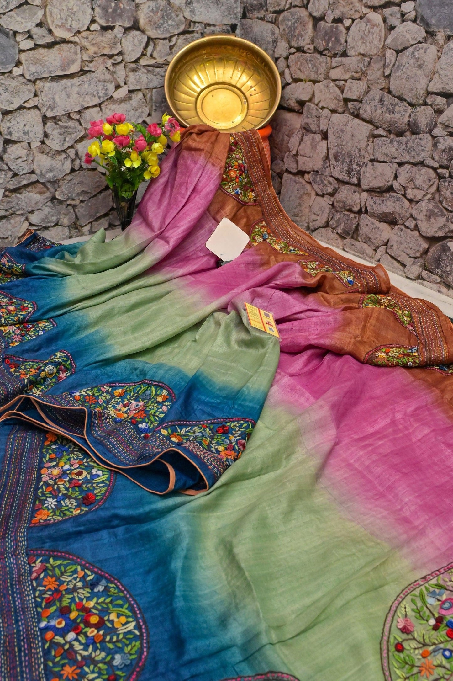 Handloom Pure Tussar Silk Saree with French Knot Embroidery Work Saree PTK05