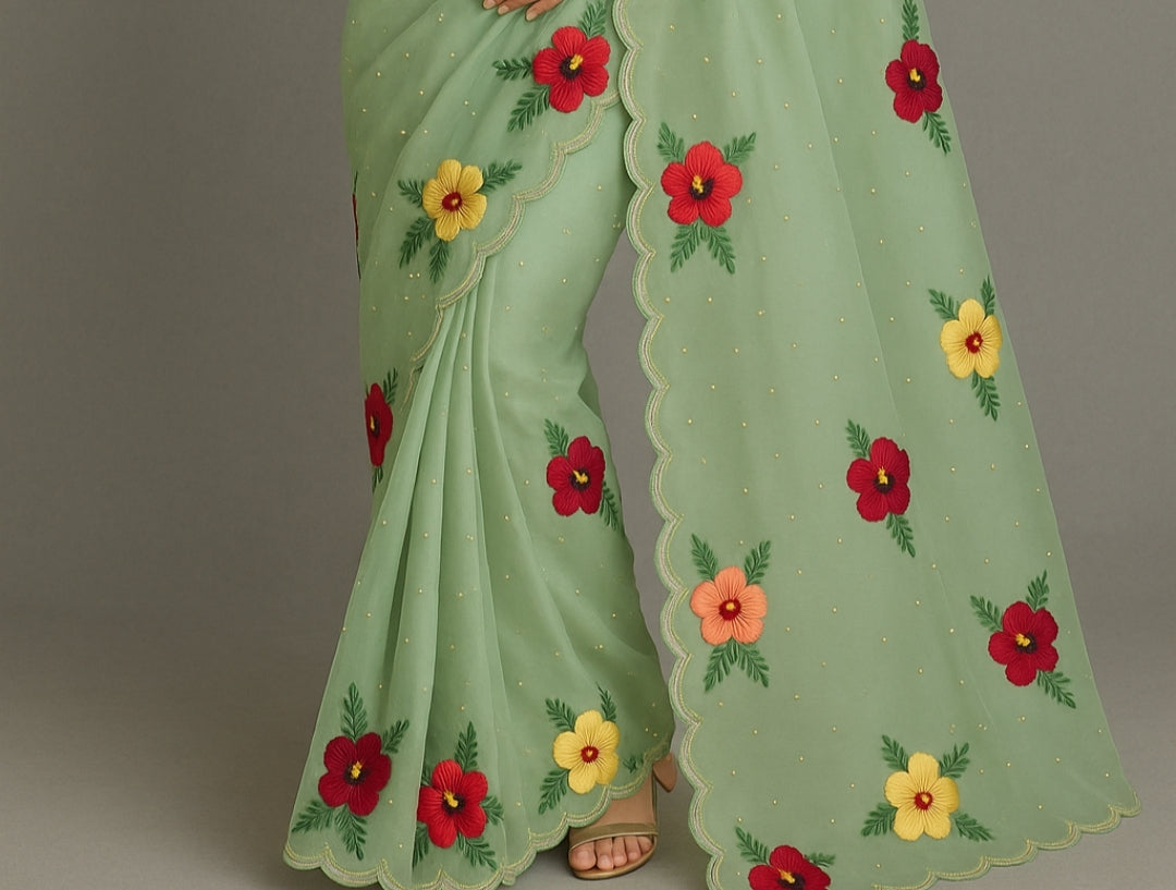 Organza Silk Saree With Beautiful French Knot And Beads Work Saree OFK01