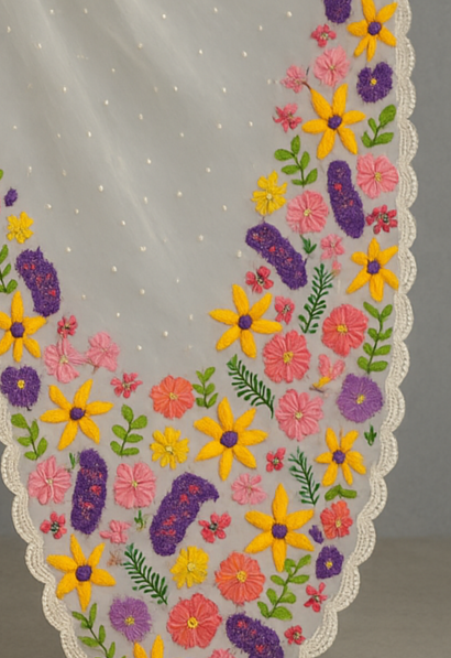 Elegant Ivory Organza Saree with Multicolor Floral Embroidery and Pearl Detailing