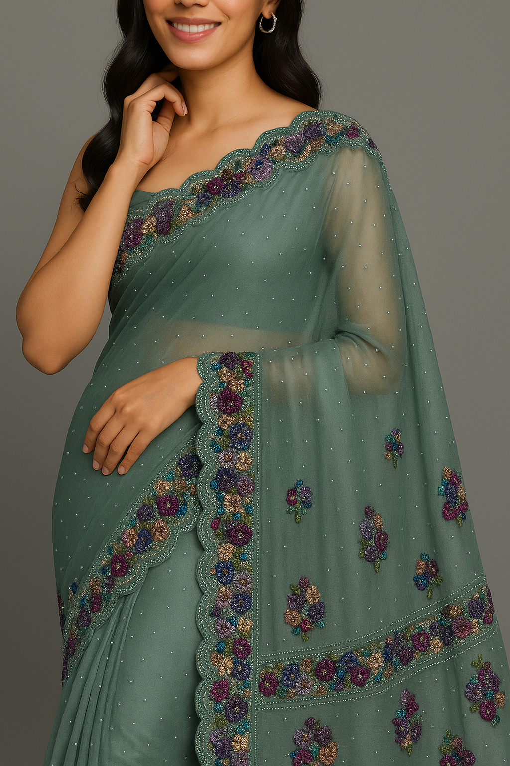 Sea Green Organza Saree with Multicolor Sequin Floral Embroidery and Scalloped Border
