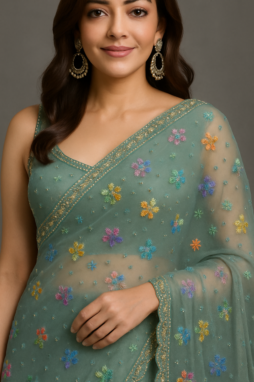 Sea Green Organza Saree with Multicolor Sequin Floral Embroidery and Scalloped Border SG02