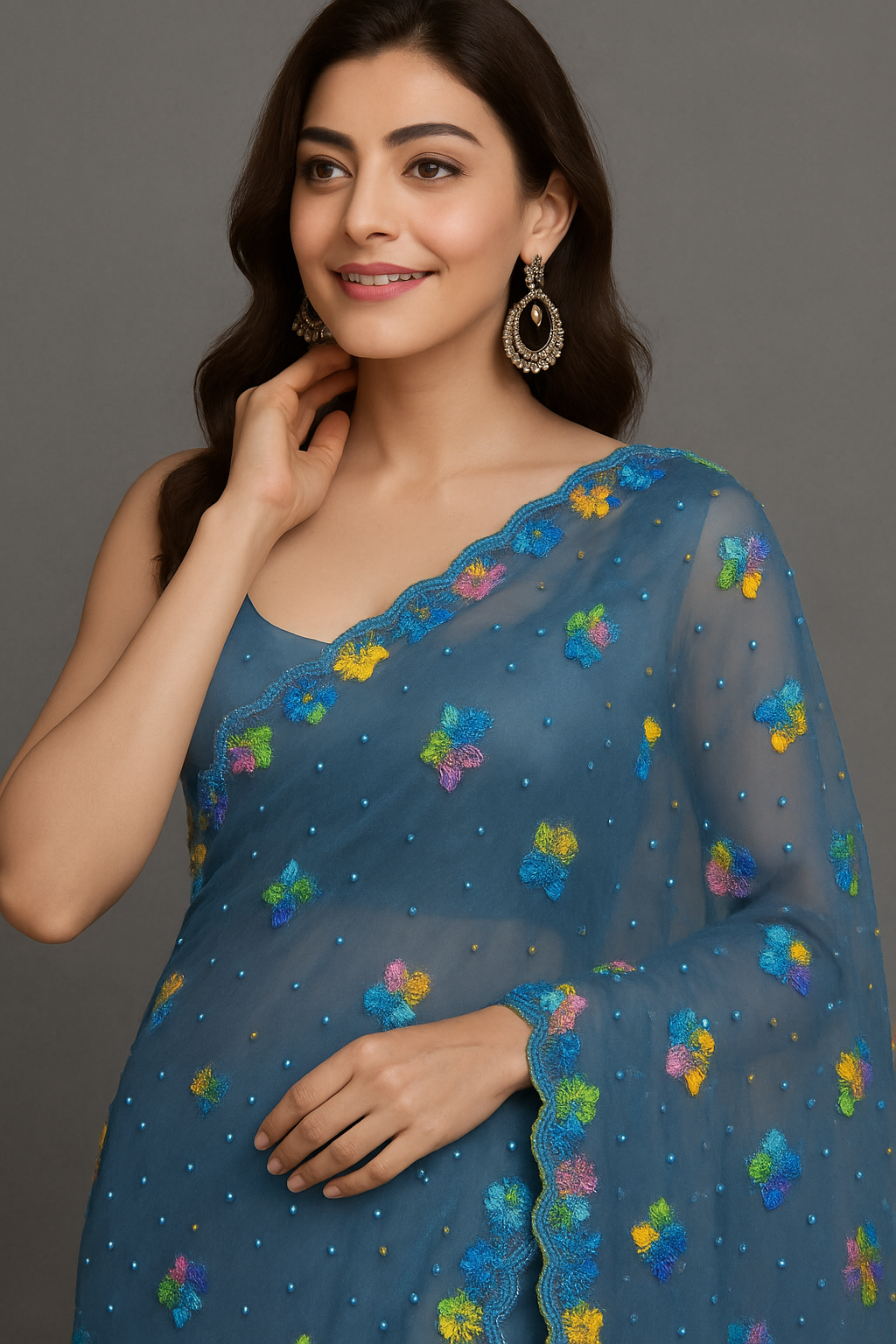 Steel Blue Organza Saree with Multicolor Sequin Floral Embroidery and Scalloped Border SG03