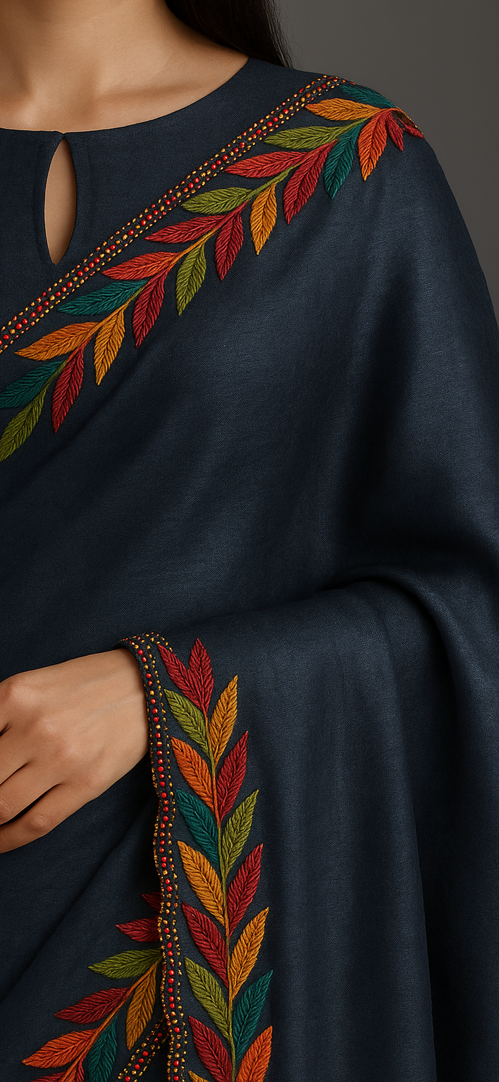 Sophisticated Steel Blue Pure Tussar Munga Silk Saree with Vibrant Embroidered Leaf Border