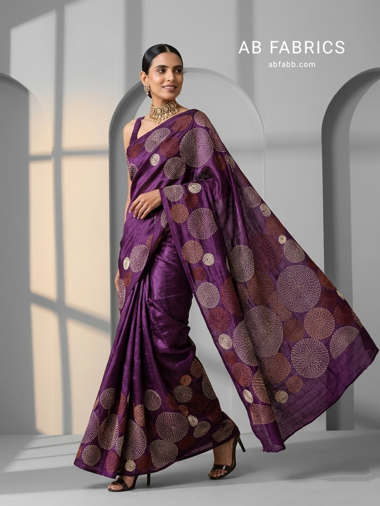 Regal Plum Pure Tussar Silk Saree with Beautiful Hand Kantha Stitch Work
