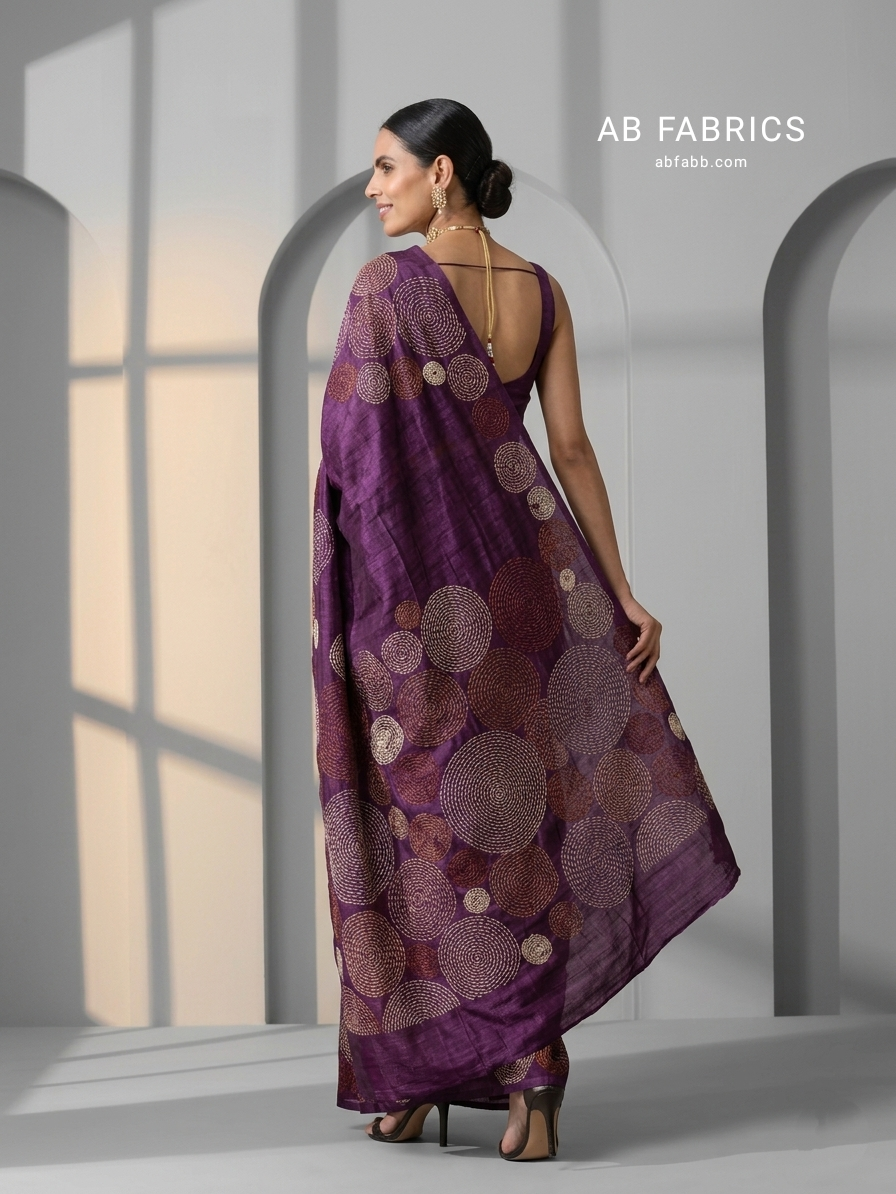 Regal Plum Pure Tussar Silk Saree with Beautiful Hand Kantha Stitch Work