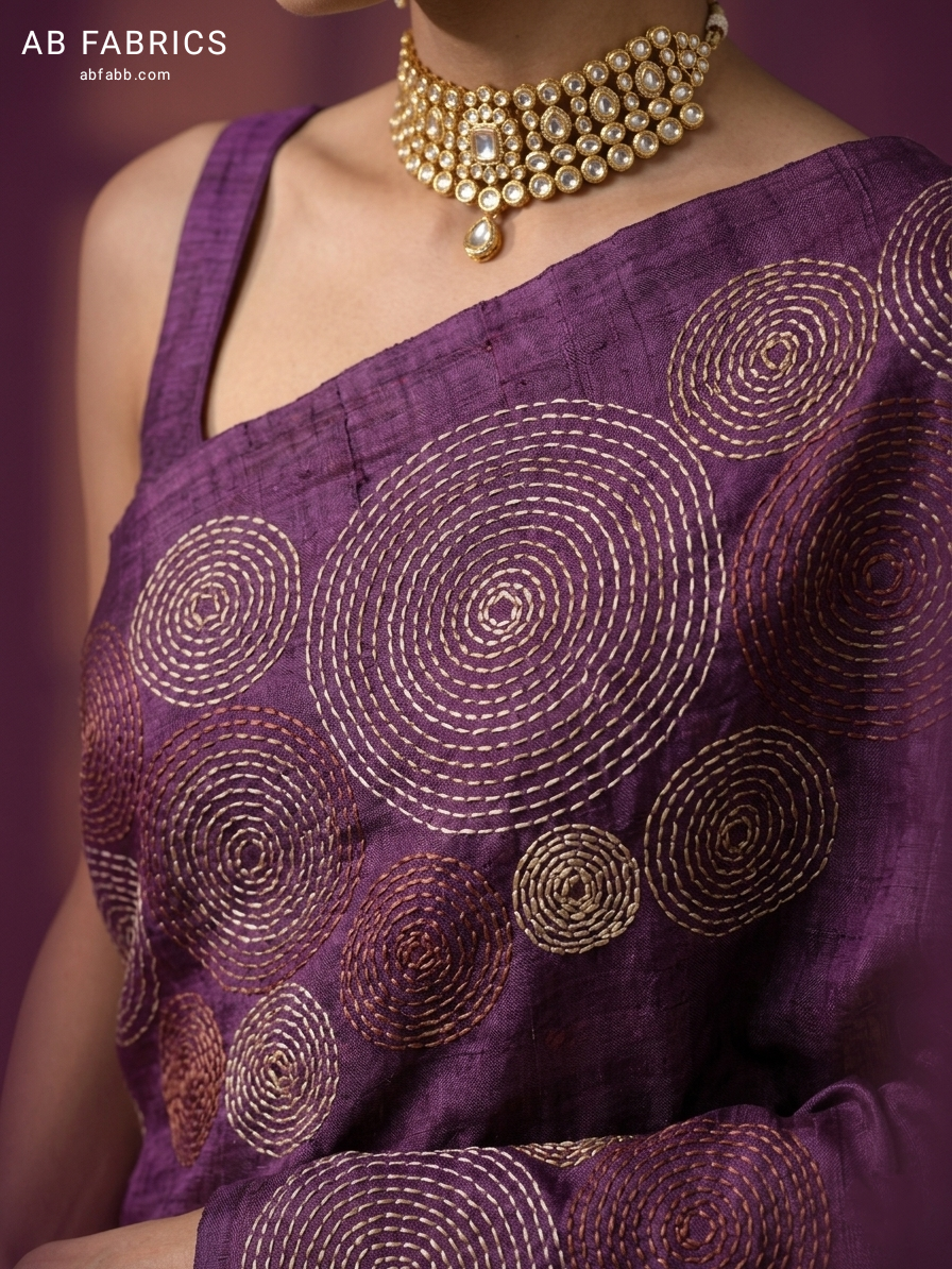 Regal Plum Pure Tussar Silk Saree with Beautiful Hand Kantha Stitch Work